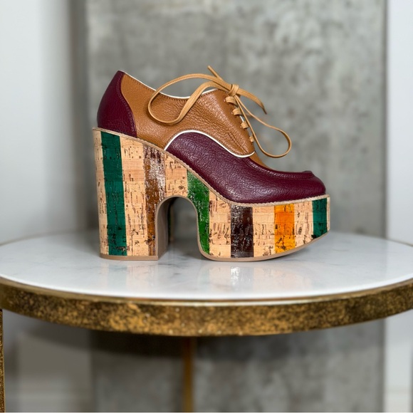 New Miu Miu Lace Up Leather Cork Platform Oxford Block Heel